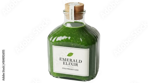 Photos Isolated green juice bottle with a cork stopper, healthy green cold-pressed emer