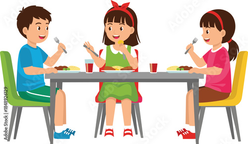 Three children enjoying healthy meal together at dining table, happy family mealtime and nutrition concept, kids eating food flat vector illustration