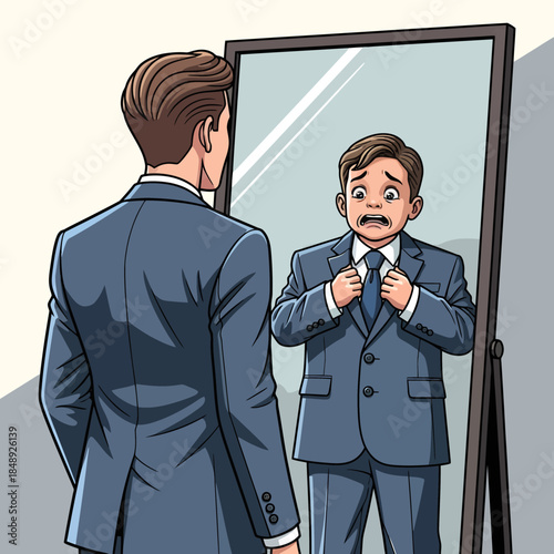 Imposter Syndrome: Businessman Seeing Scared Child in Mirror Reflection