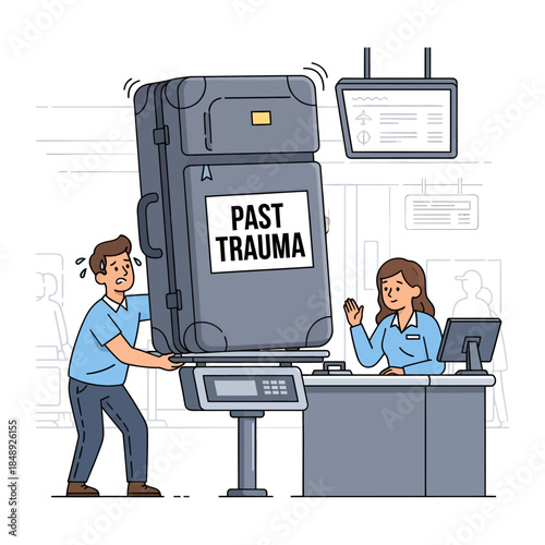 Emotional Baggage Check-In: Man Checking Giant Trauma Suitcase at Airport