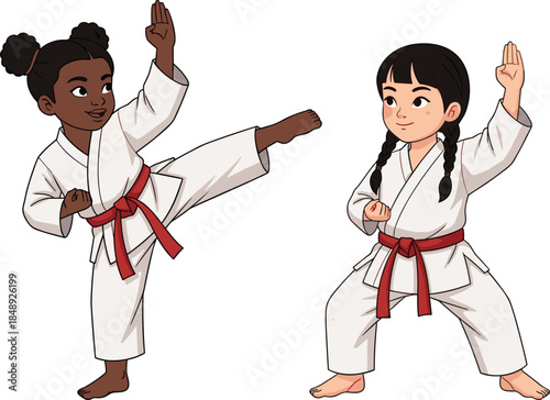 Two young girls practicing karate moves in traditional uniforms, kids martial arts training and discipline concept, flat vector illustration