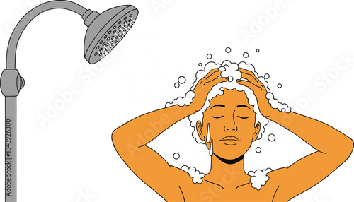Woman washing hair under shower with soap bubbles, personal hygiene routine and self care concept, bathroom cleanliness flat vector illustration