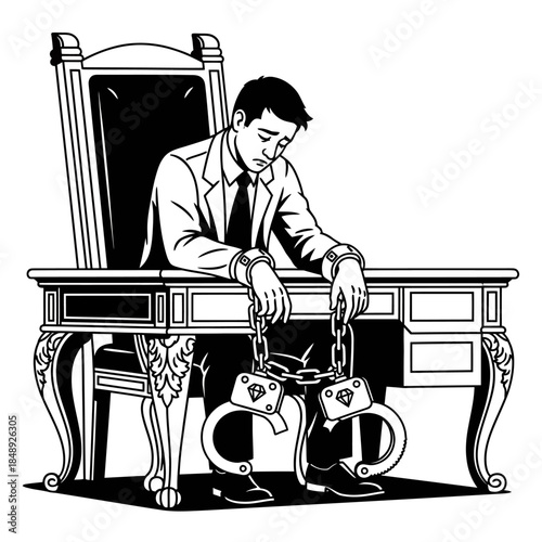Golden Handcuffs: Sad Businessman Chained to Desk by High Salary