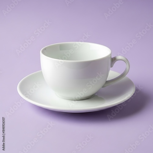 White ceramic coffee cup and saucer on purple background, minimalist tableware product photography, modern kitchen dining beverage mug with handle flat lay
