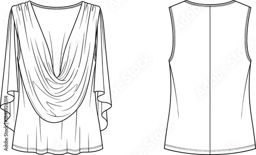 Women draped blouse technical line drawing front and back view showing sleeveless design, deep cowl neckline and fashion flat sketch