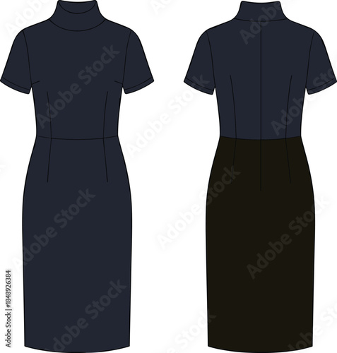 Women’s elegant fitted dress front and back view illustration showing modern fashion design, formal wear style, tailoring details, and apparel concept