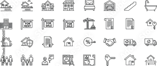 Real estate and property icons set featuring house, rent, sale, contract, construction, mortgage, family, line vector illustration