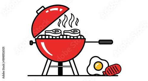 Red Grill with Sausages, Egg, and Meat on White Background