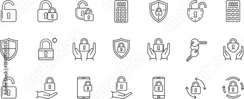Security lock and protection icons set featuring padlocks, shields, passwords, keys, mobile safety, line vector illustration