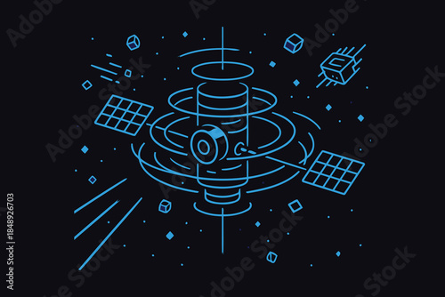 Satellite Orbiting Earth with Solar Panels and Data Streams