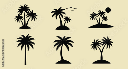 Black Silhouette Palm Trees Set, Tropical Island Icons