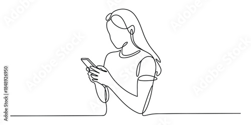 One line drawing of a woman using a smartphone, continuous line art