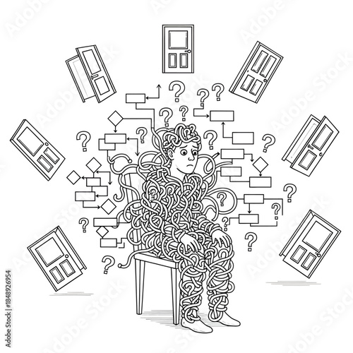 Analysis Paralysis: Man Tangled in Flowcharts and Choices Unable to Decide