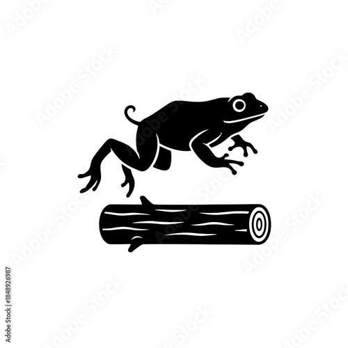 Frog jumping over simple obstacle silhouette vector illustration