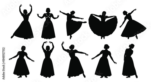 Silhouettes of Women Dancing in Various Poses and Elegant Dresses