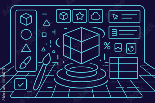 3D Design Software Interface with Cube and Tools