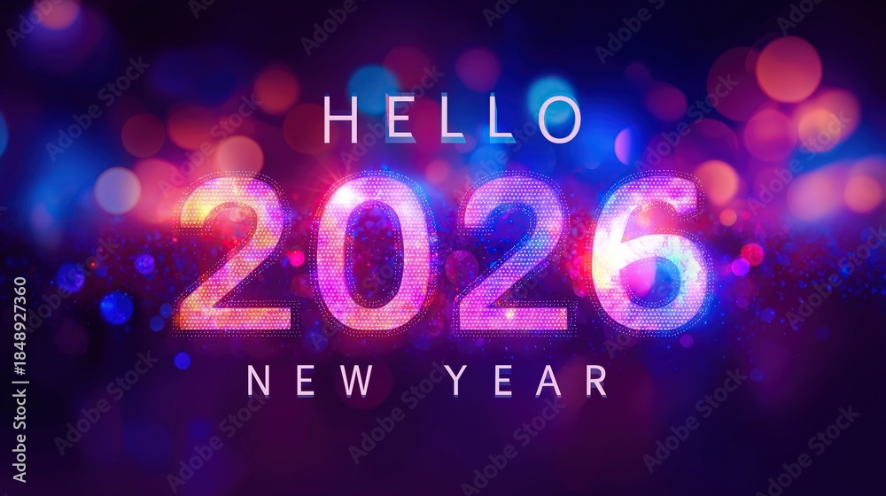 Obraz premium A digital illustration featuring the glowing text Hello 2026 New Year against an abstract background with bokeh lights