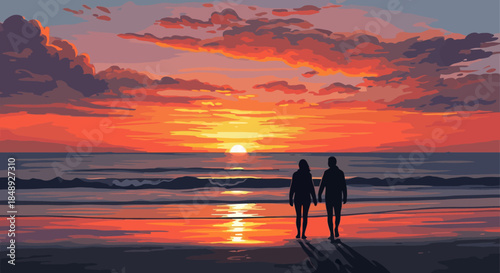 Couple Watching Sunset Beach