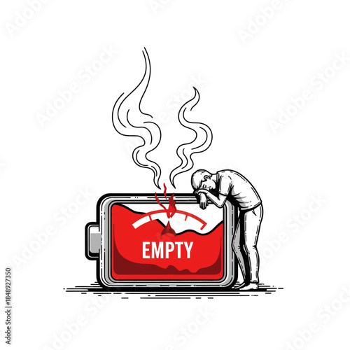 Low Energy: Tired Man Resting on Empty Red Battery Symbol