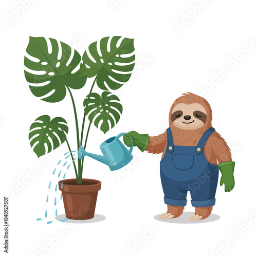 cartoon sloth watering a potted plant with a watering hose