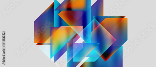 Abstract geometric shapes overlap, creating vibrant color gradients. Blues, oranges, purples blend, forming complex visual texture.