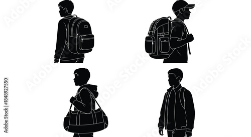 Silhouette of Men with Backpacks and Bags in Various Positions