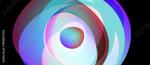 Abstract colorful layers create dynamic circular design. Gradient hues blend, forming modern visual effect. Soft light radiates from center.