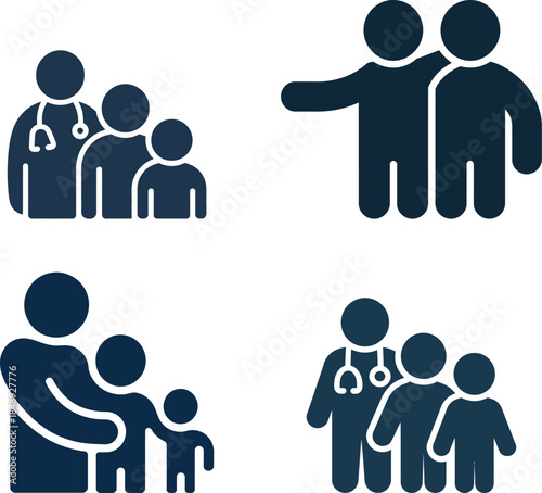 Minimalist icon set representing family units, patient groups, and healthcare provider relationships