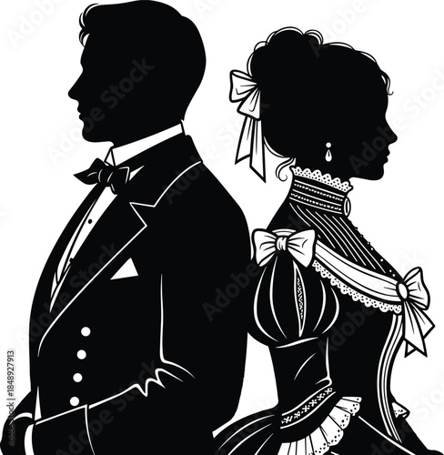Vintage couple silhouette, man in suit and woman in dress standing back to back, black vector illustration for retro wedding or romantic design