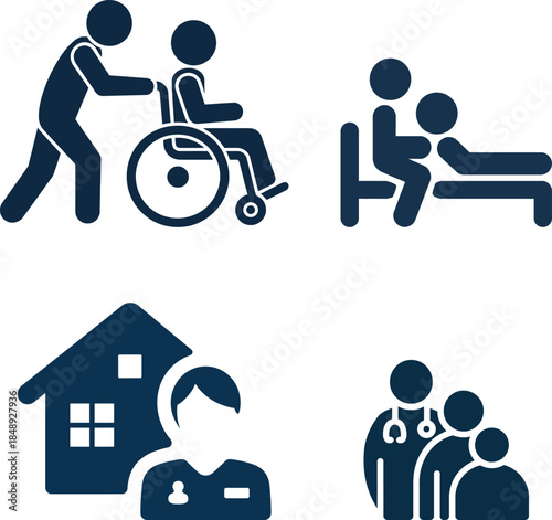 A collection of four icons illustrating comprehensive home healthcare and patient assistance services