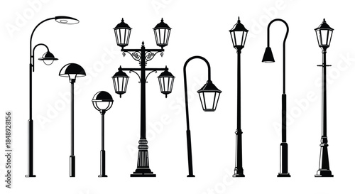 Various Street Lamp Post Designs and Styles in Black Silhouette