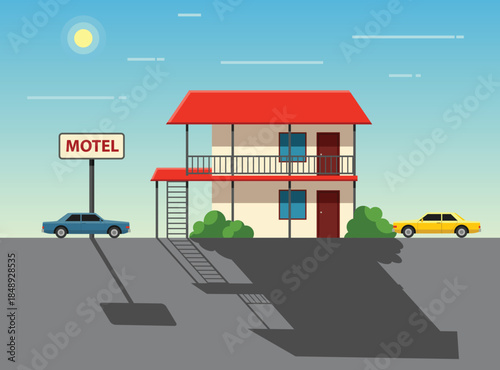 Motel roadside scene with building, sign and Two cars are parked outside
