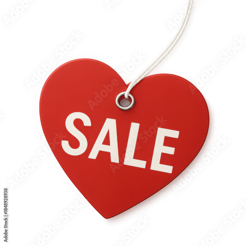 Red heart-shaped sale tag hanging on a white string isolated on transparent background