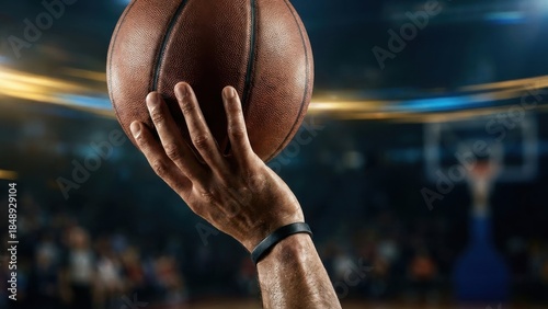 Man holding a basketball with his hand. Sport concept for advertising basketball game or event, healthy lifestyle, fitness.