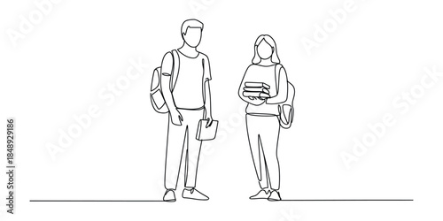 One line drawing of two students with backpacks and books