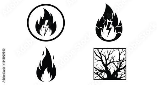 Fire and Lightning Logos with Tree Silhouette Vector Graphics