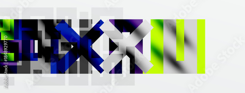 Abstract design features fragmented text, vibrant colors, geometric shapes. Composition utilizes green, blue, purple hues against white background.