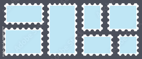 Blue postage stamps set. Post stamp frames and borders. Rectangle, square template for mail, postcard, letter, note.
