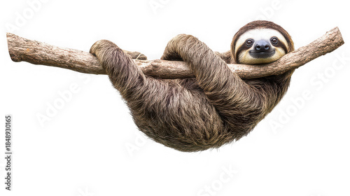Cute Sloth Hanging on Tree Branch Isolated on White Background