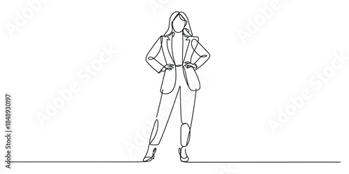 One line drawing of a confident businesswoman standing with hands on hips
