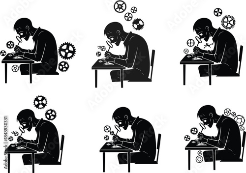 Watchmaker working with gears vector illustration, man repairing mechanical parts using magnifying glass, precision craftsmanship, engineering, technology concept, creative repair and invention design