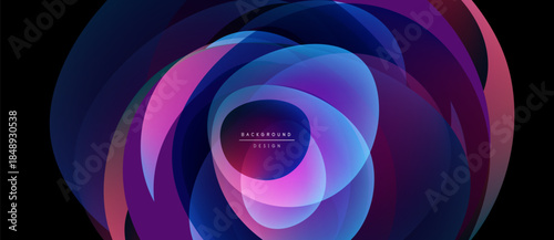 Abstract layers create vibrant, flowing design. Purple, blue hues dominate, forming dynamic circular pattern. Modern, elegant backdrop.