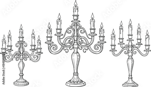 Wax candles, Burning flame, Table centerpiece, Ornate design, Old fashioned, Decorative item, Classic style, Vector illustration, Drawing art, Black white, Metal stand, Historical object, Chandelier, 