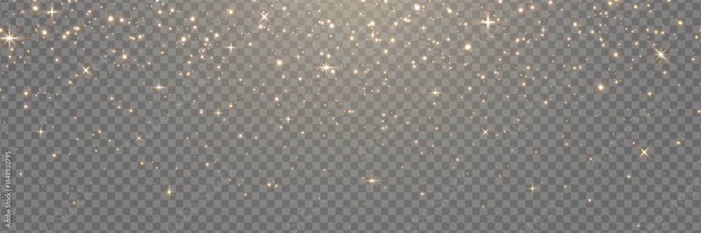 Fototapeta premium Gold glitter light banner. Magic dust background. Star particle bg. Christmas Holiday golden confetti. Fairy bulb. Glow shine bokeh. Winter Celebration frame. Luxury party. Vector illustration