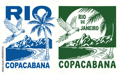 Rio de Janeiro hand drawn vector art, Summer beach vector design, Retro vintage tropical beach artwork for t shirt, poster, graphic print