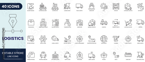 Logistics line icon set. Includes Shipping, delivery, distribution, cargo, supply chain, freight, export, import, and more. Editable stroke. Vector illustration.