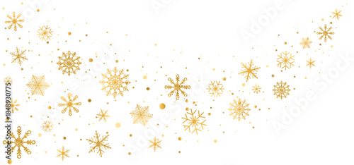 Golden glitter snowflakes wave. Christmas ornaments. Happy Holiday background. Merry xmas snow flakes elements. Winter bg. New Year banner. Light string. Vector illustration