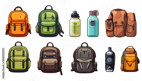 Collection of Backpacks and Water Bottles for Outdoor Activities.