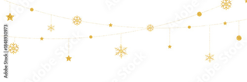 Happy Holiday background. Merry Christmas elements. Xmas ornaments. Golden glitter snow flakes garland. Winter bg. New Year banner. Light string. Vector illustration