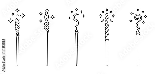 Black and white magic wands with sparkles outline